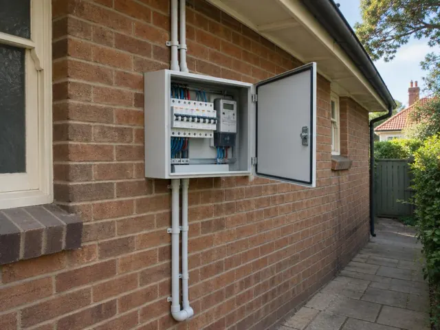 Open electrical switchboard on a brick exterior wall beside a narrow side path in Naremburn